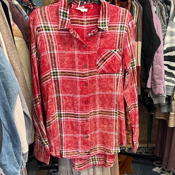 268.Plaid Button Down Shirt Washed Red Rayon Layering S M & L Available NEW Item - Picture 2 of 7